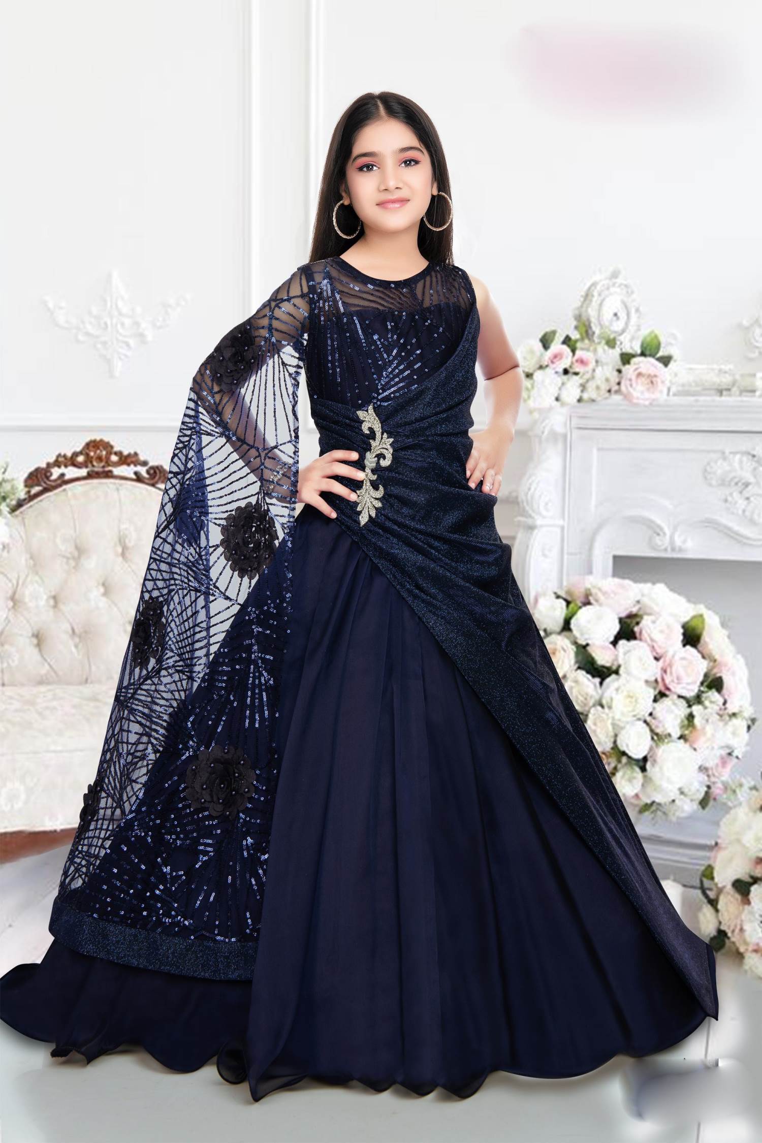 Aarya DESIGNER Girls Crepe Fabric Stripe Printed Western Dress Black :  Amazon.in: Fashion
